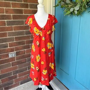 Toad&Co ROSEMARIE Red Floral Print V-Neck Side Zip Pocket Stretch A-Line Dress M